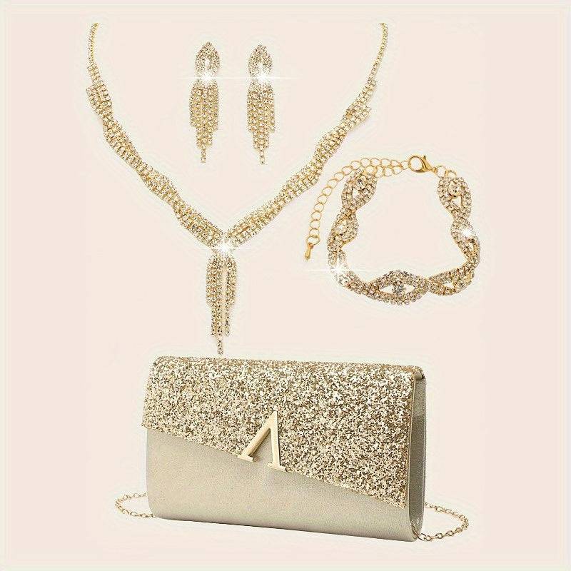 4pcs Elegant Dinner Set – Glossy Flip Cover Clutch Bag with Rhinestone Earrings, Necklace & Bracelet for Weddings and Formal Events