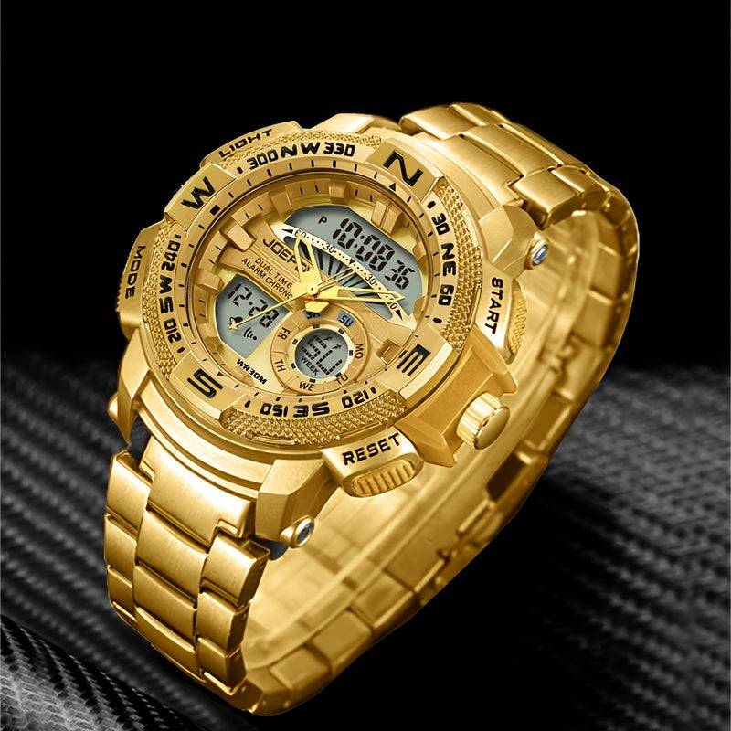 Men’s Gold-Tone Sport Watch – Dual Digital & Analog Display, LED Face, Stainless Steel Band, Stopwatch, Alarm & Calendar Function