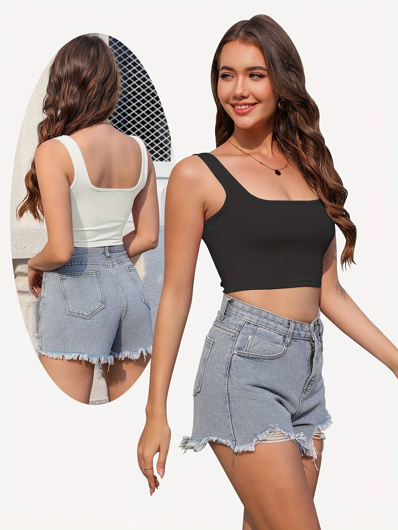 3-Pack Women’s Seamless Ribbed Crop Tank Tops, Square Neck Sleeveless Shirts in Solid Colors, Regular Fit for All-Season Casual Wear