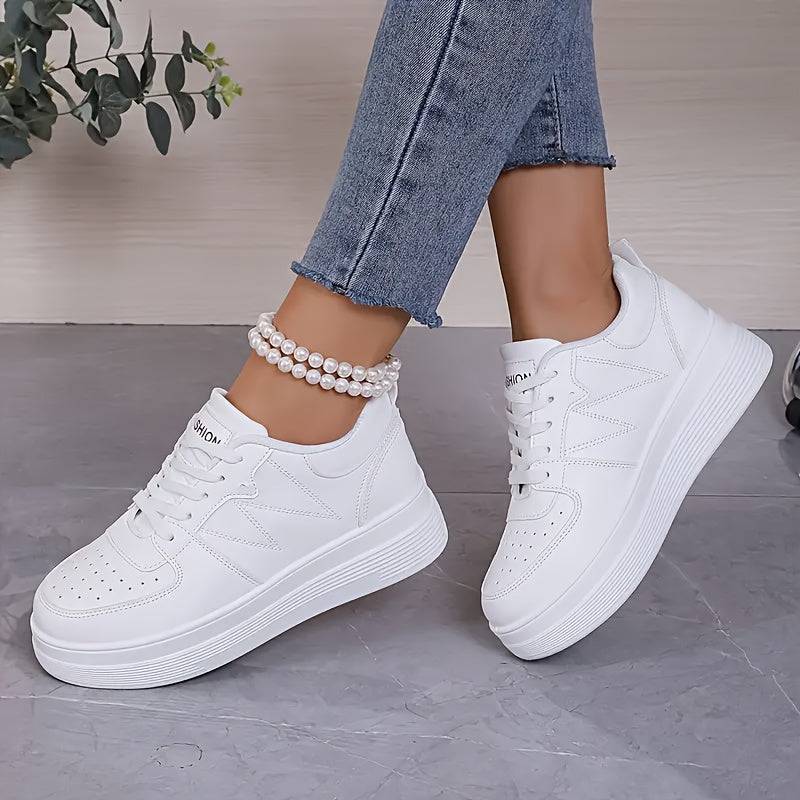 Women’s Platform Sneakers, Casual Lace-Up Low-Top Shoes with Breathable Mesh, PU Upper & EVA Insole, White/Beige
