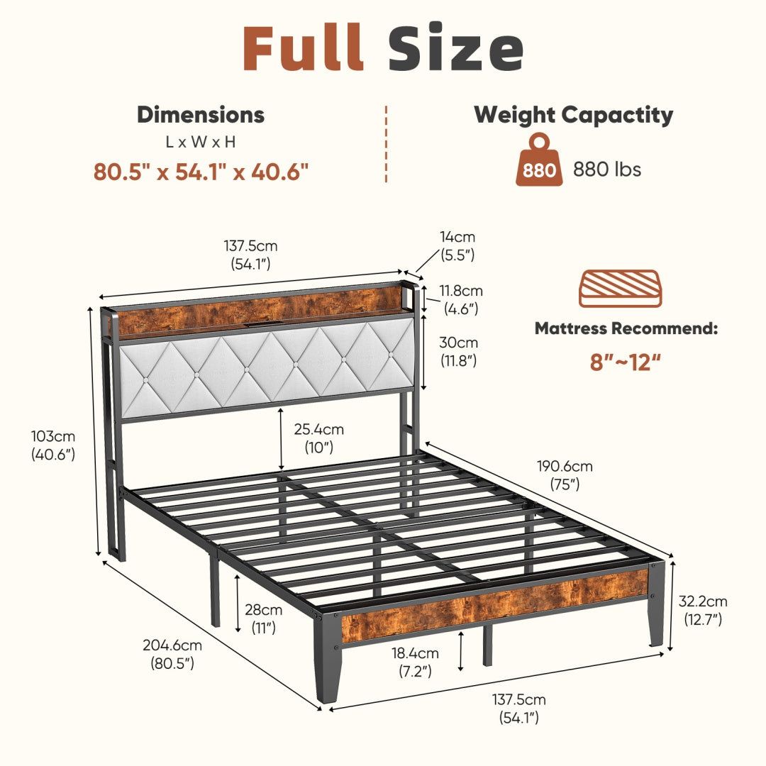 Upholstered Bed Frame with Headboard Storage and Charging