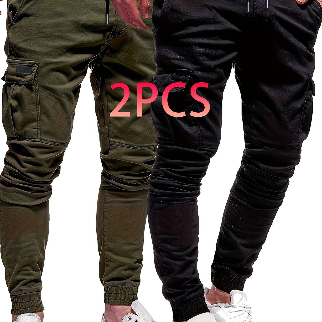 Men’s Cotton Joggers 2-Pack – Elastic Waist, Side Pockets, Solid Color for Spring/Autumn