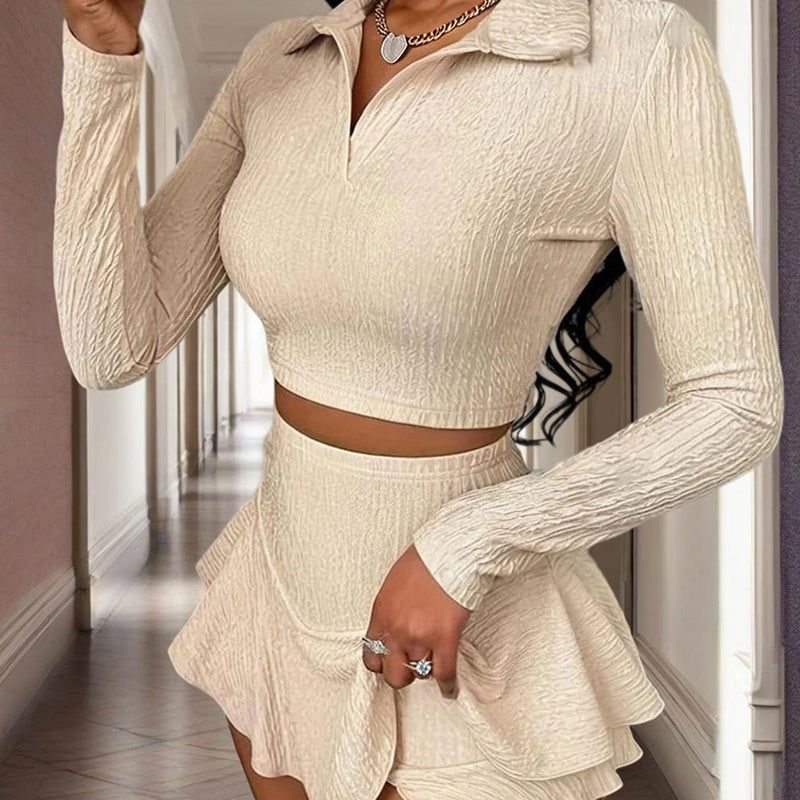 Lapel Two Piece Set with Crop Top and Ruffle Skirt