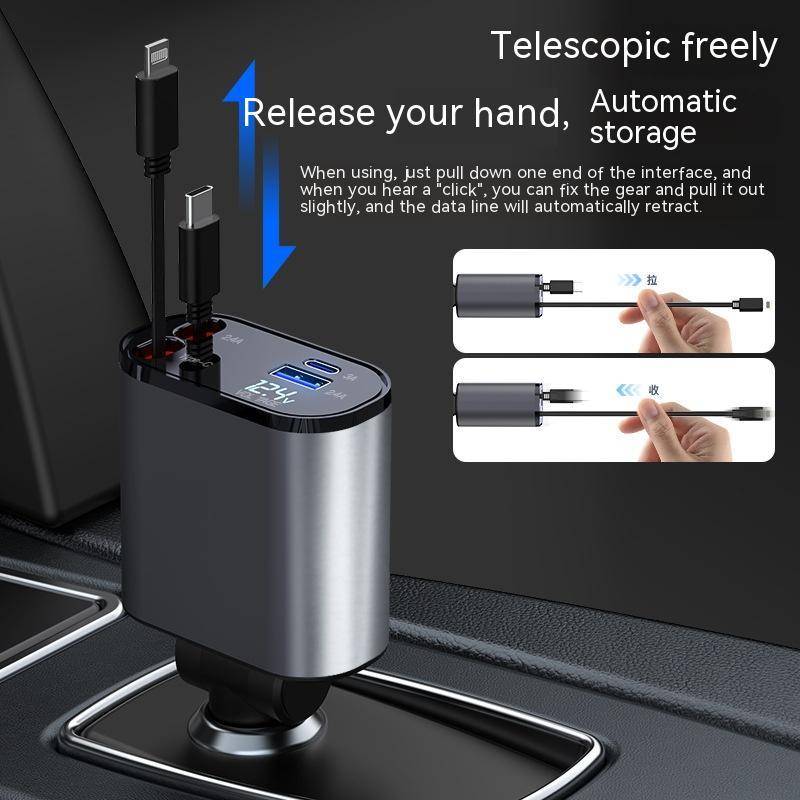 Retractable Car Charger 86W with USB C USB A Voltage Display