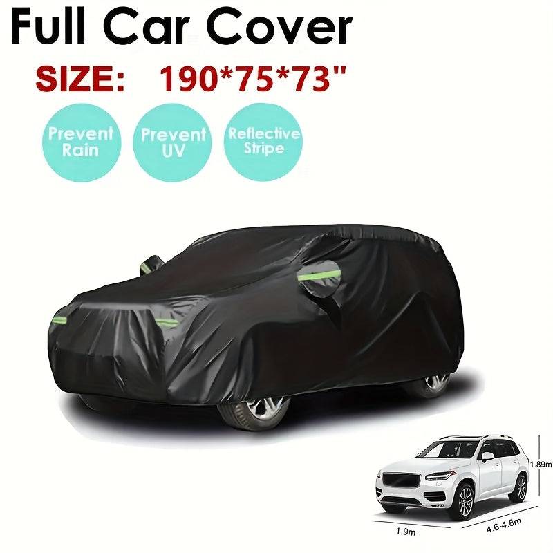 Premium Black Car Cover with Reflective Safety Strip, 190T Silvery-Coated Fabric for Sun Protection, Fits SUVs up to 190 Inches