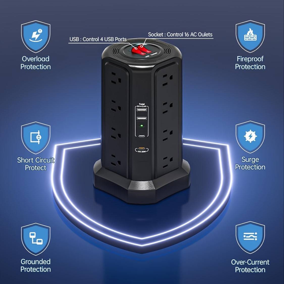 Power Strip Tower with 16 AC Outlets & 5 USB Ports Flat Plug Design with USB-C Surge Protector Extension Hub