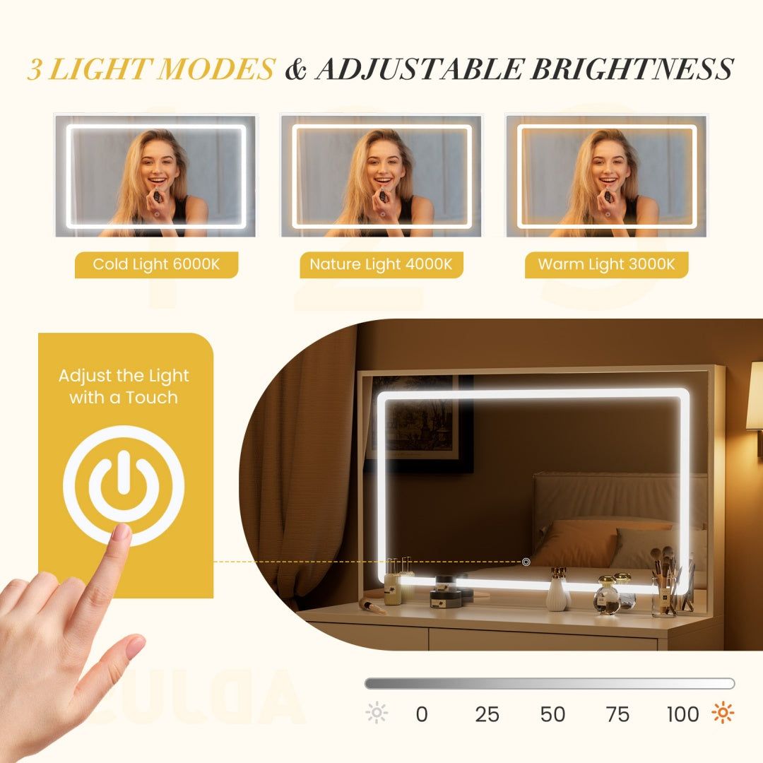 Makeup Vanity Table with LED Mirror and Charging Station