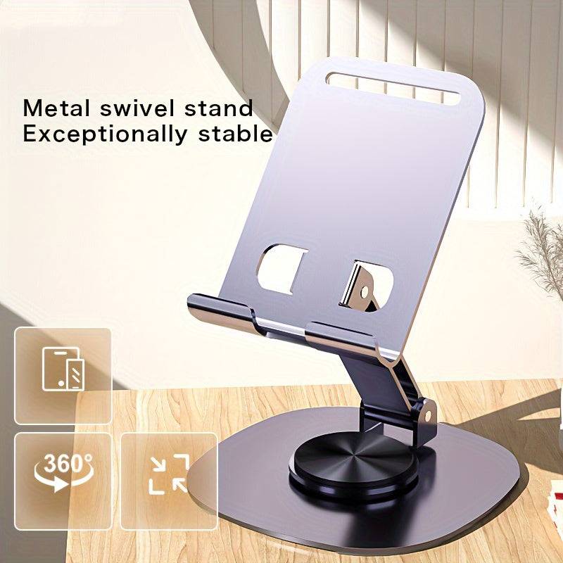 Metal desktop phone stand with 360° rotating base, foldable design, silicone pads, and mechanical click
