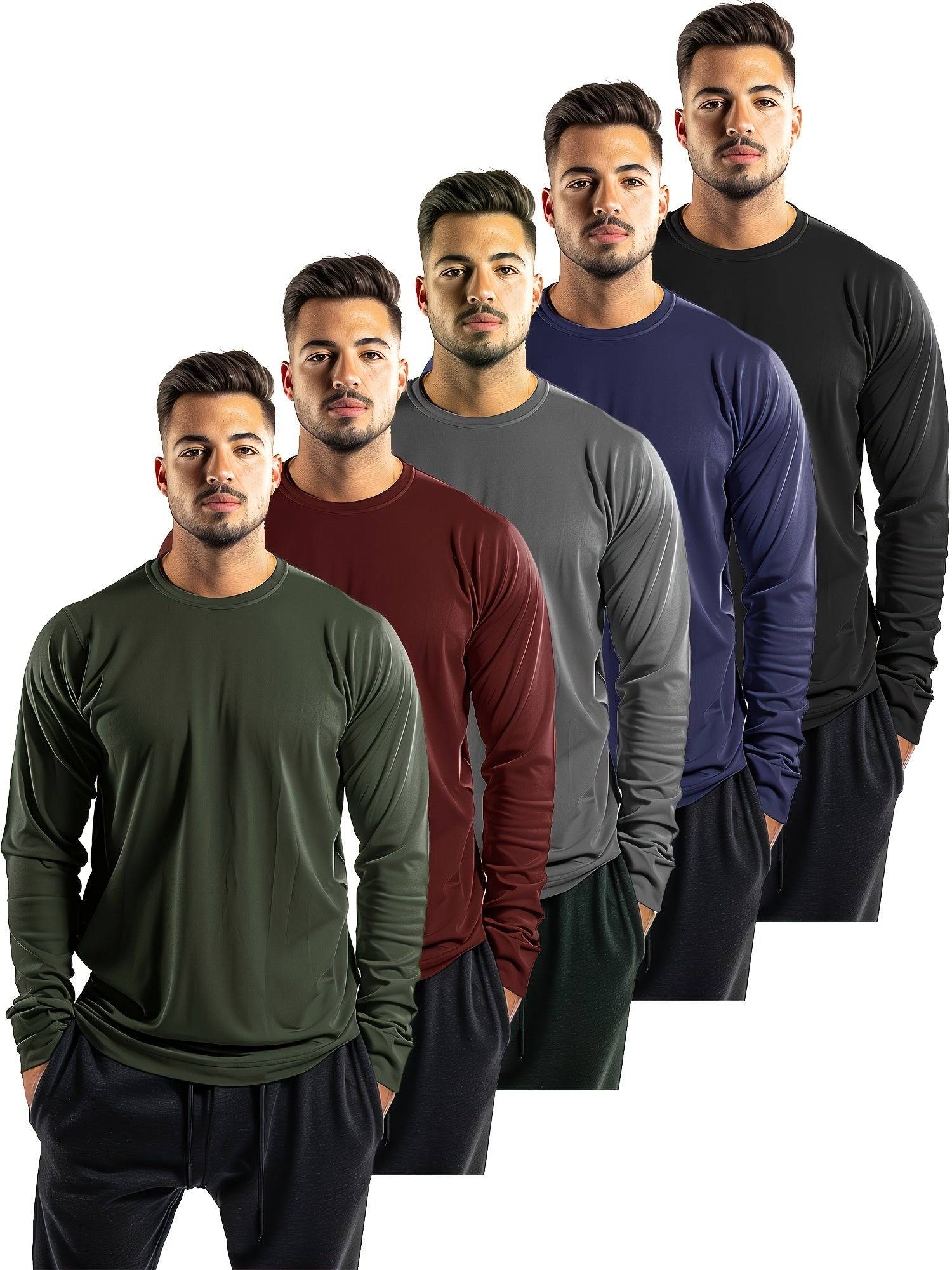 Men’s 5-Pack Long Sleeve Crew Neck T-Shirts Solid Color Quick-Dry Moisture-Wicking Sun Protection Tops for Outdoor & Fitness