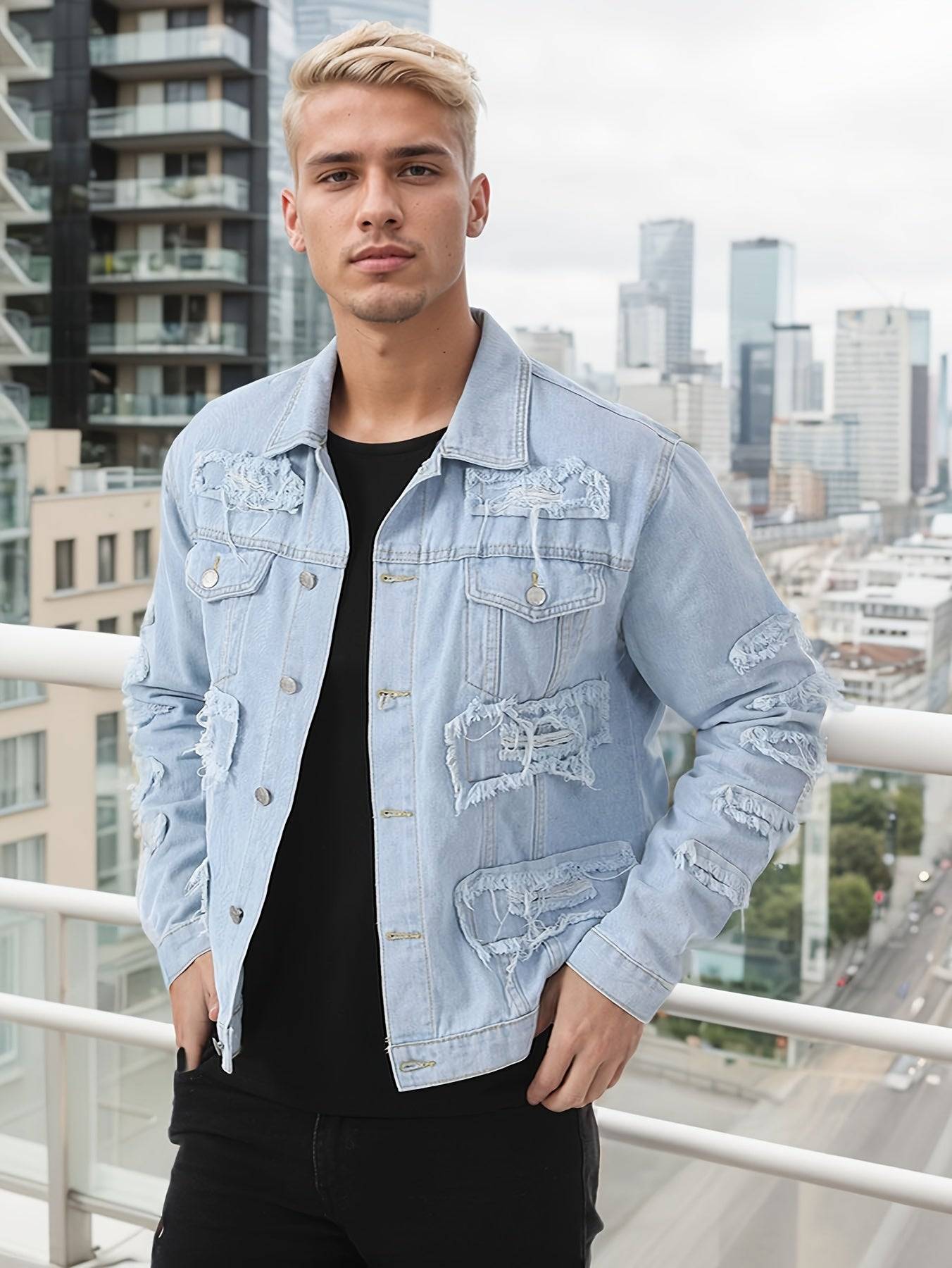 Men’s Ripped Denim Jacket Slim Fit Blue Jean Outerwear Casual Streetwear Coat