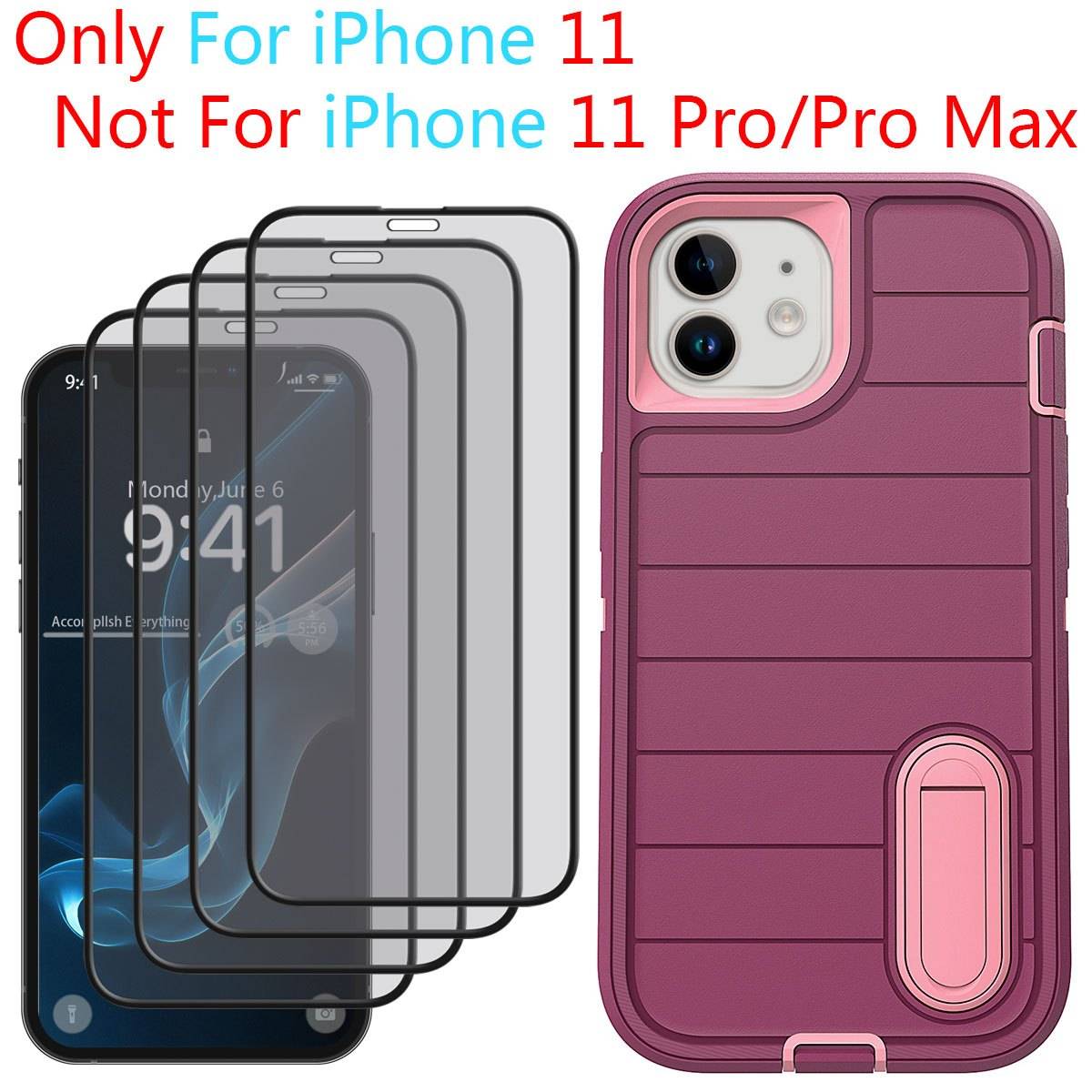 Shockproof 3-in-1 Heavy Duty Case for iPhone 11 with Kickstand, Rugged Protective Cover and 4-Pack Full Coverage Tempered Glass Screen Protectors