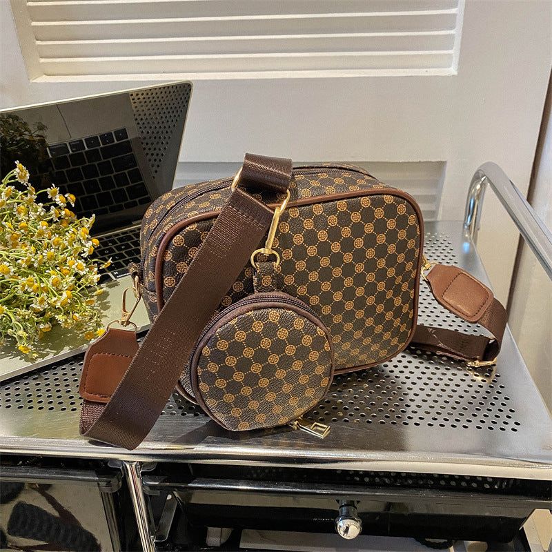 Women’s Vintage Crossbody Bag PU Leather Plaid Shoulder Handbag with Small Square Purse Set