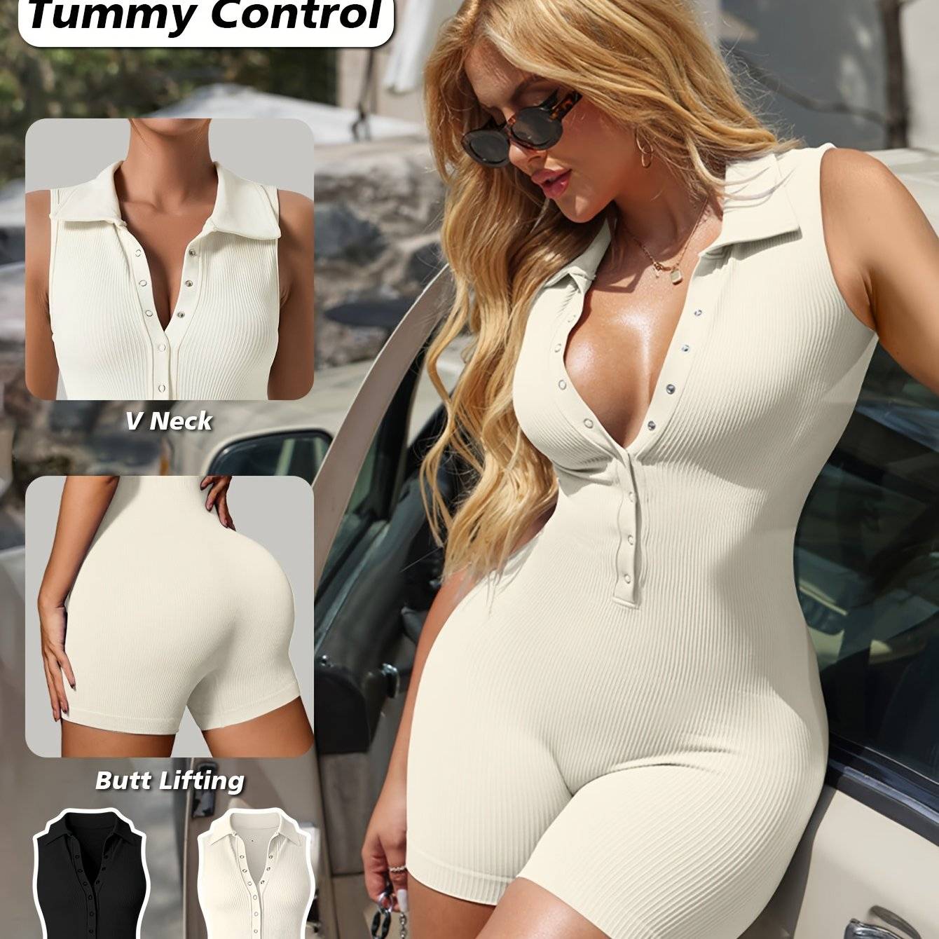 Women’s 2-Piece Ribbed Sleeveless V-Neck Stretch Jumpsuits – Supportive Fit for Fitness & Casual Wear