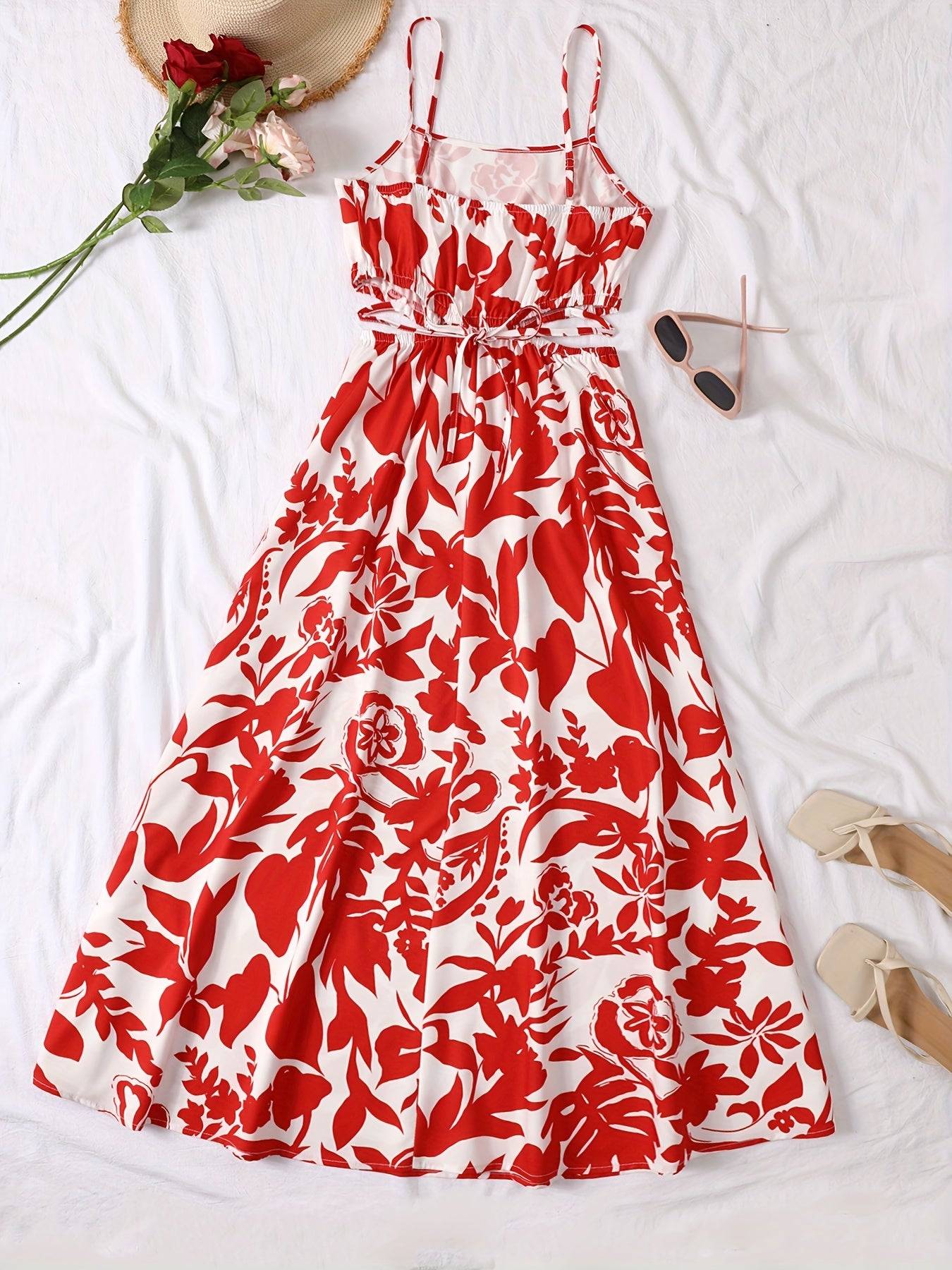 Women’s Elegant Vacation Dress – Strapless Square Neck Sleeveless A-Line Maxi Dress with Floral Print, Loose Fit