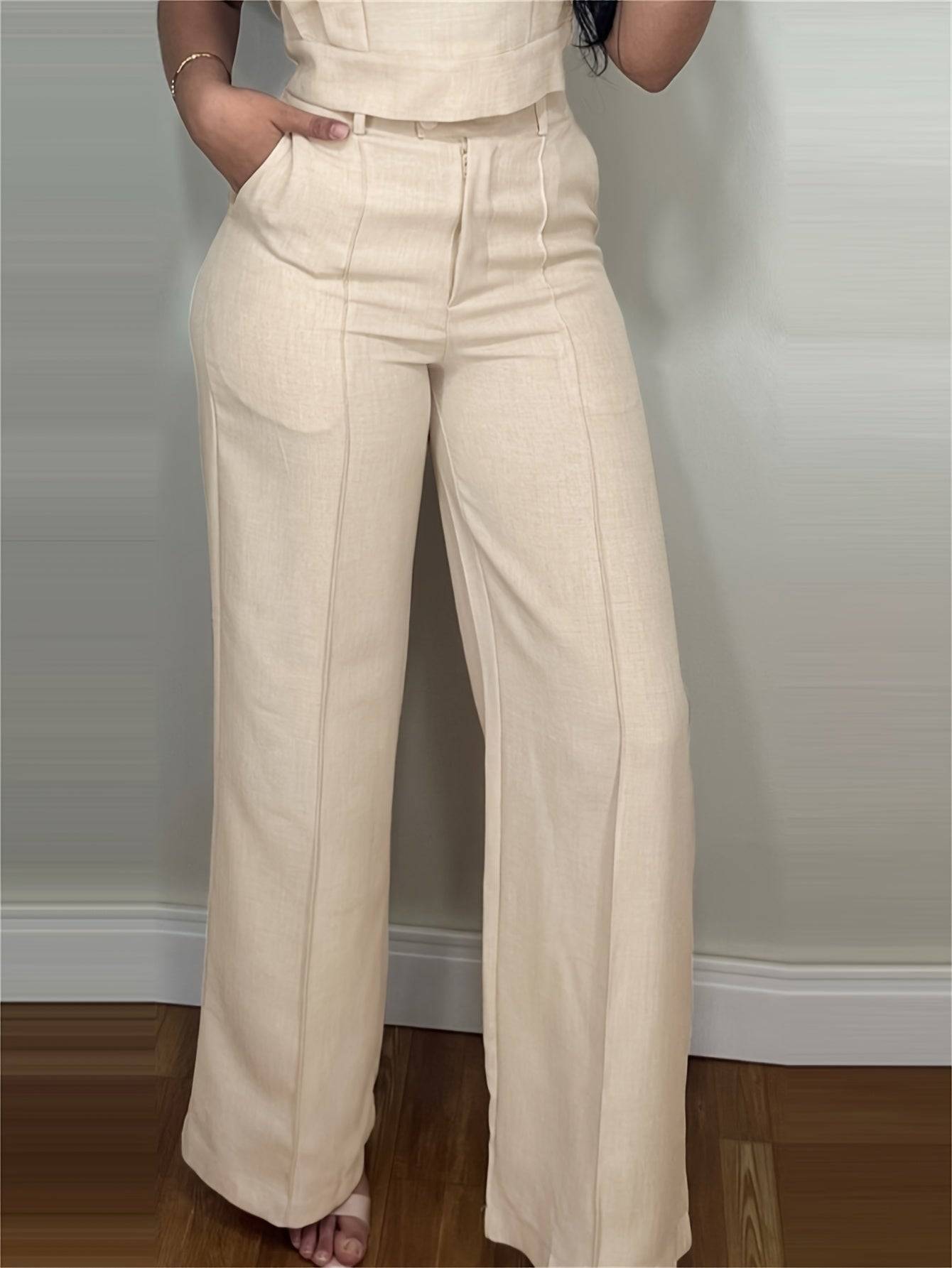 Women’s Casual 2-Piece Outfit – Short Sleeve Top & Straight Pants Set, Solid Color, Lightweight Polyester for Spring & Summer Wear