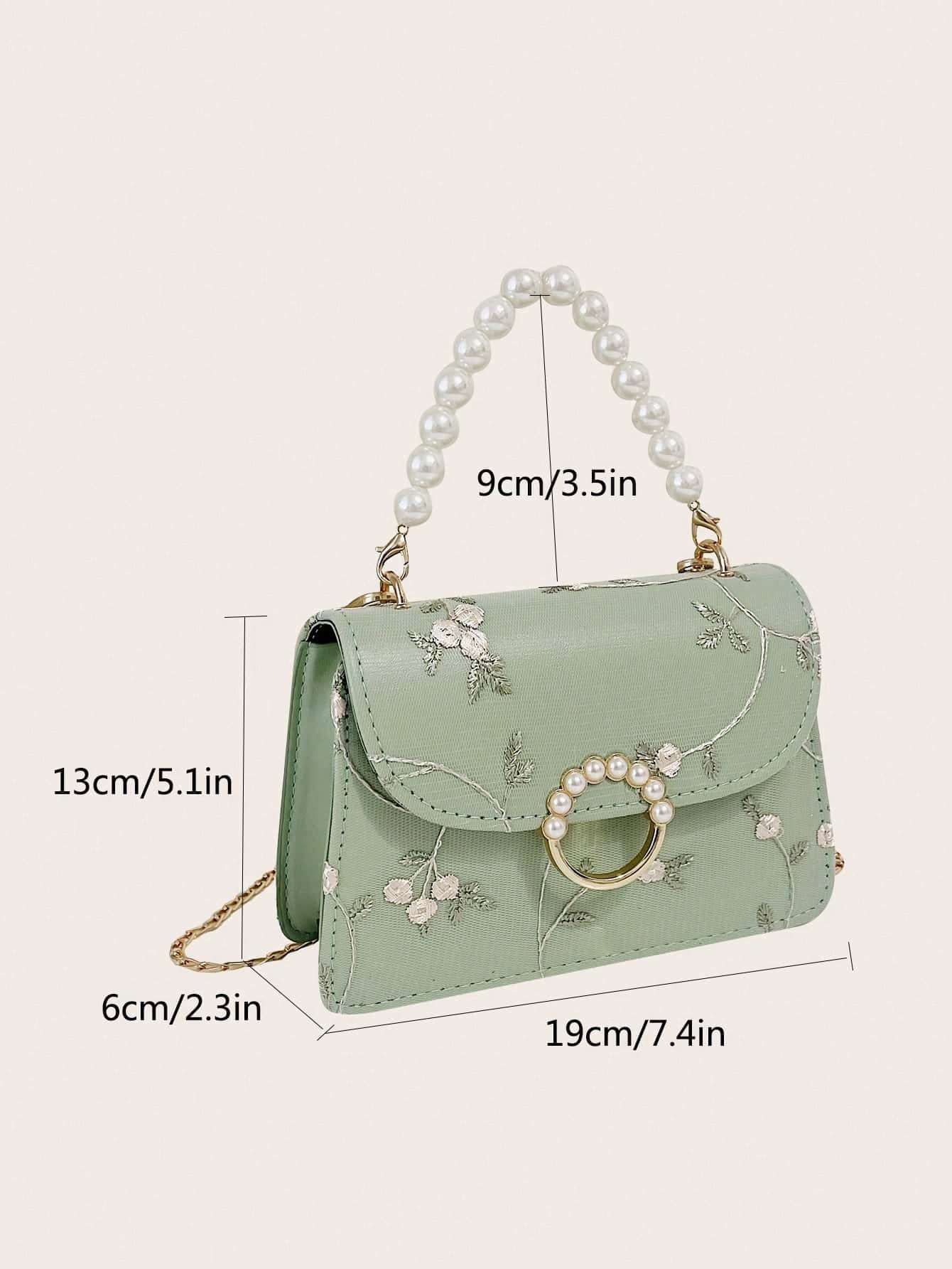 Women’s Small Square Bag with Pearl Handle Embroidered Design and Lace Chain Crossbody Strap