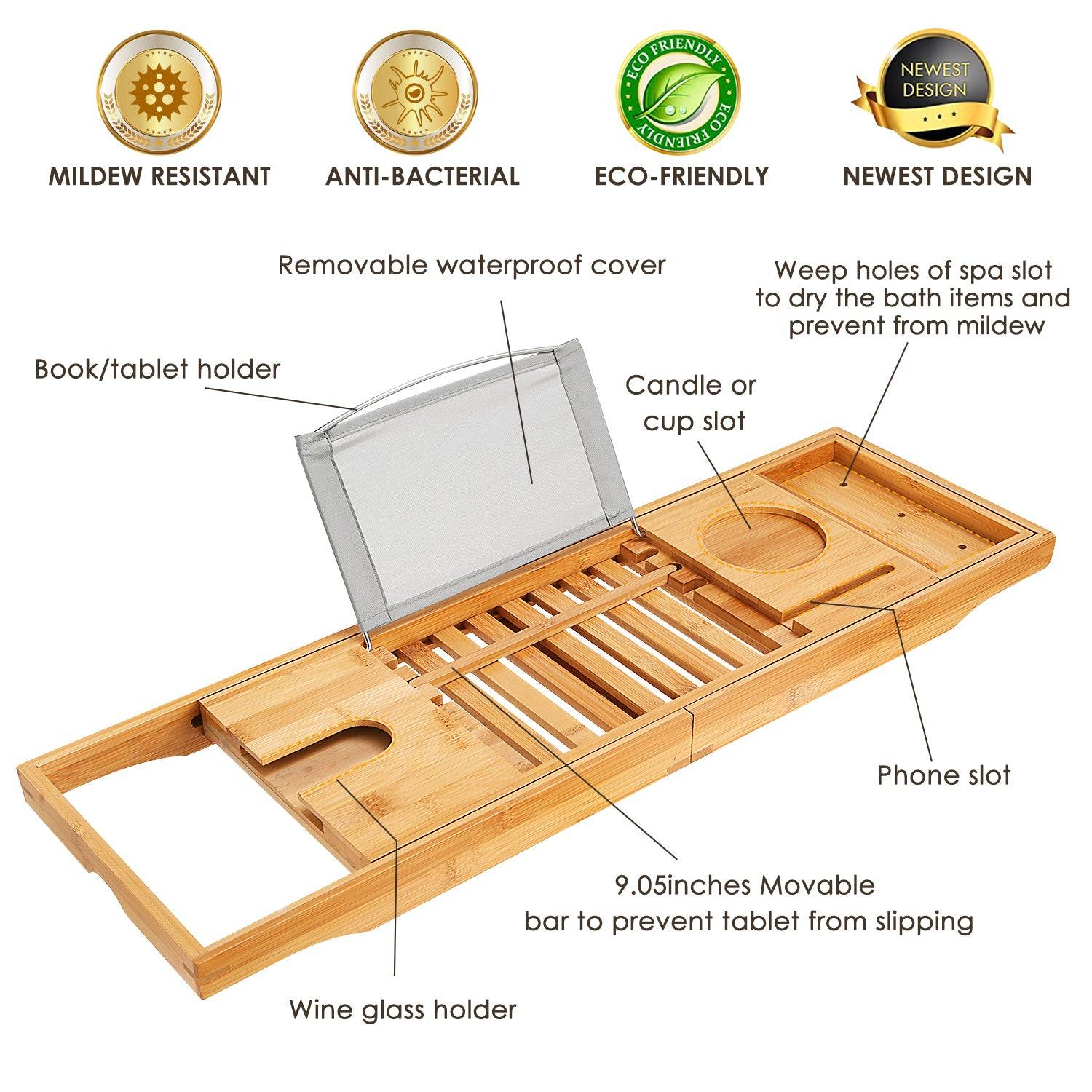 Extendable Bamboo Bath Tray with Holder