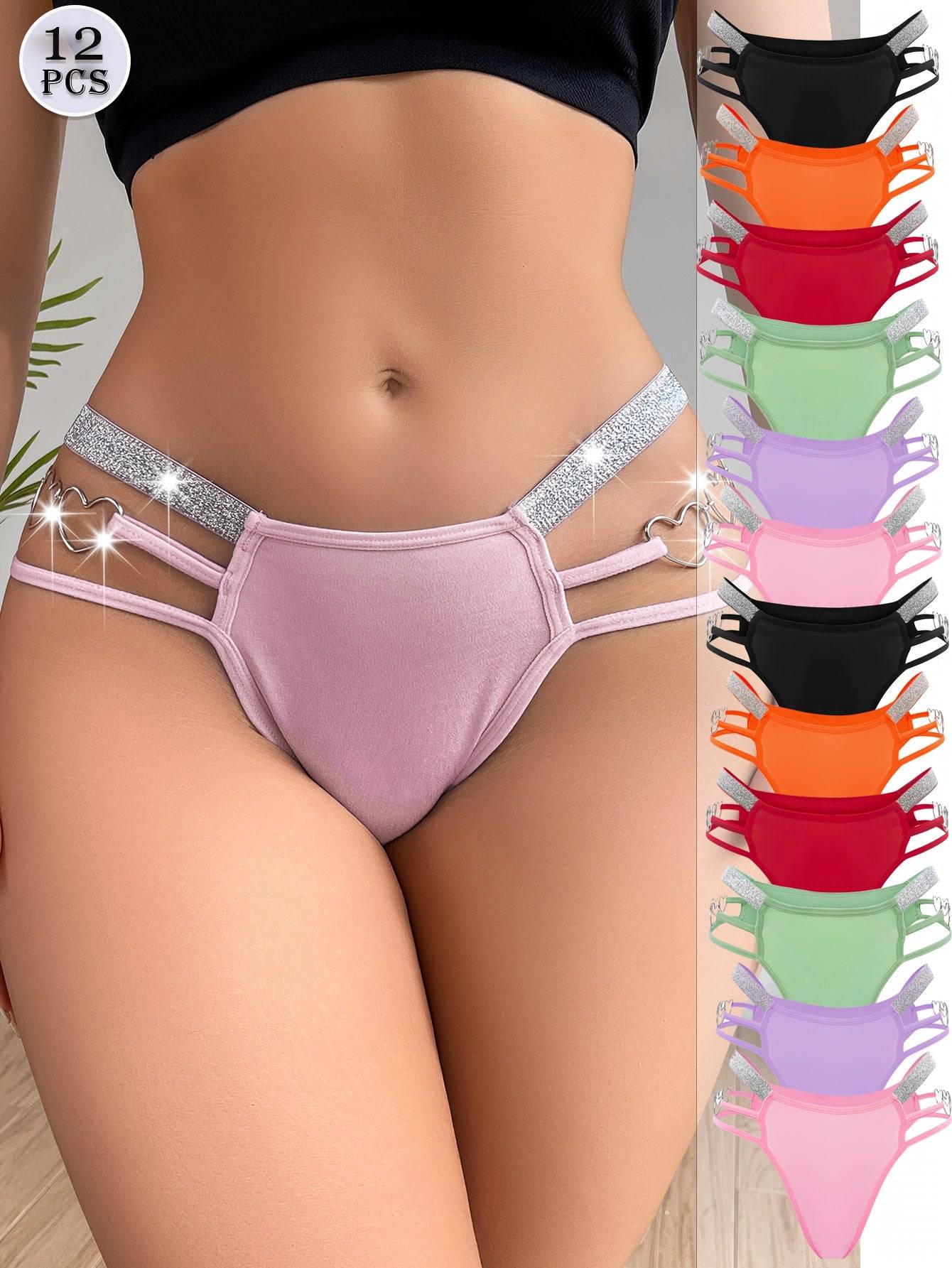 12-Pack Low-Rise Thongs with Chain Waist & Heart Cutouts – Soft, Breathable & Vibrant Underwear for Women