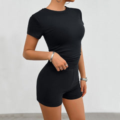 Solid Color Slim Sports Suit Summer Short-sleeved Round Neck T-shirt And Elastic Shorts Fashion Womens Clothing - PMMNAPOLES