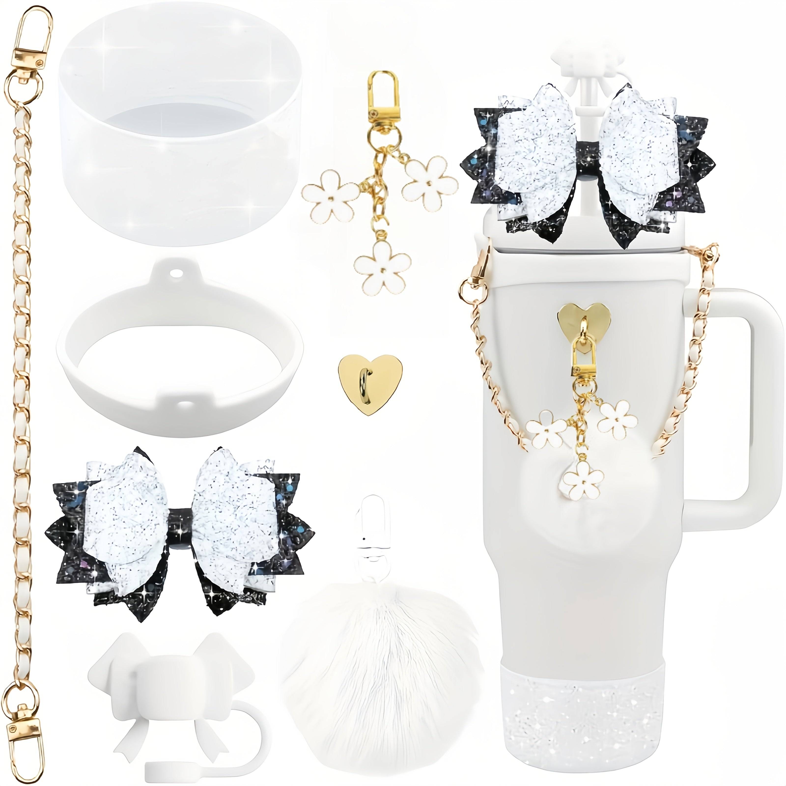 Bling Cup Accessories Set for 40oz & 30oz Tumblers, Silicone Bow Straw Topper, Cup Boot, Handle Strap and Decorative Charms (No Cup)