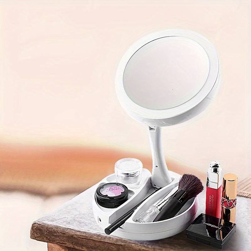 LED Makeup Mirror with Light, Double-Sided 1X/10X Magnification, Portable Travel Beauty Mirror with Storage Box, Battery Operated