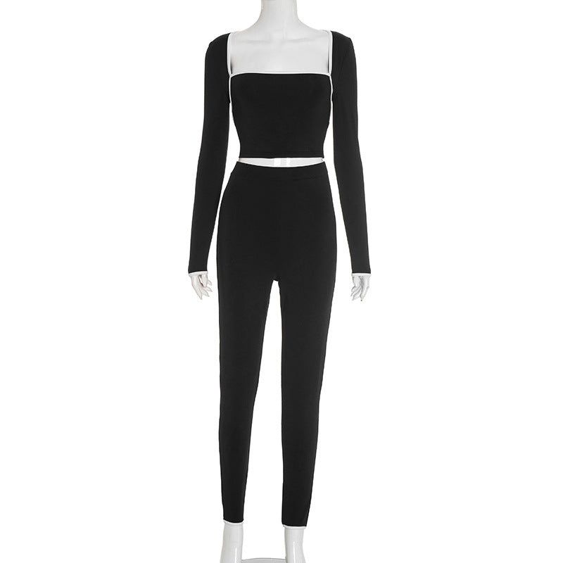 Women's Two-Piece Set with Long Sleeve Top and Slim Pants, Color-Block Stitching