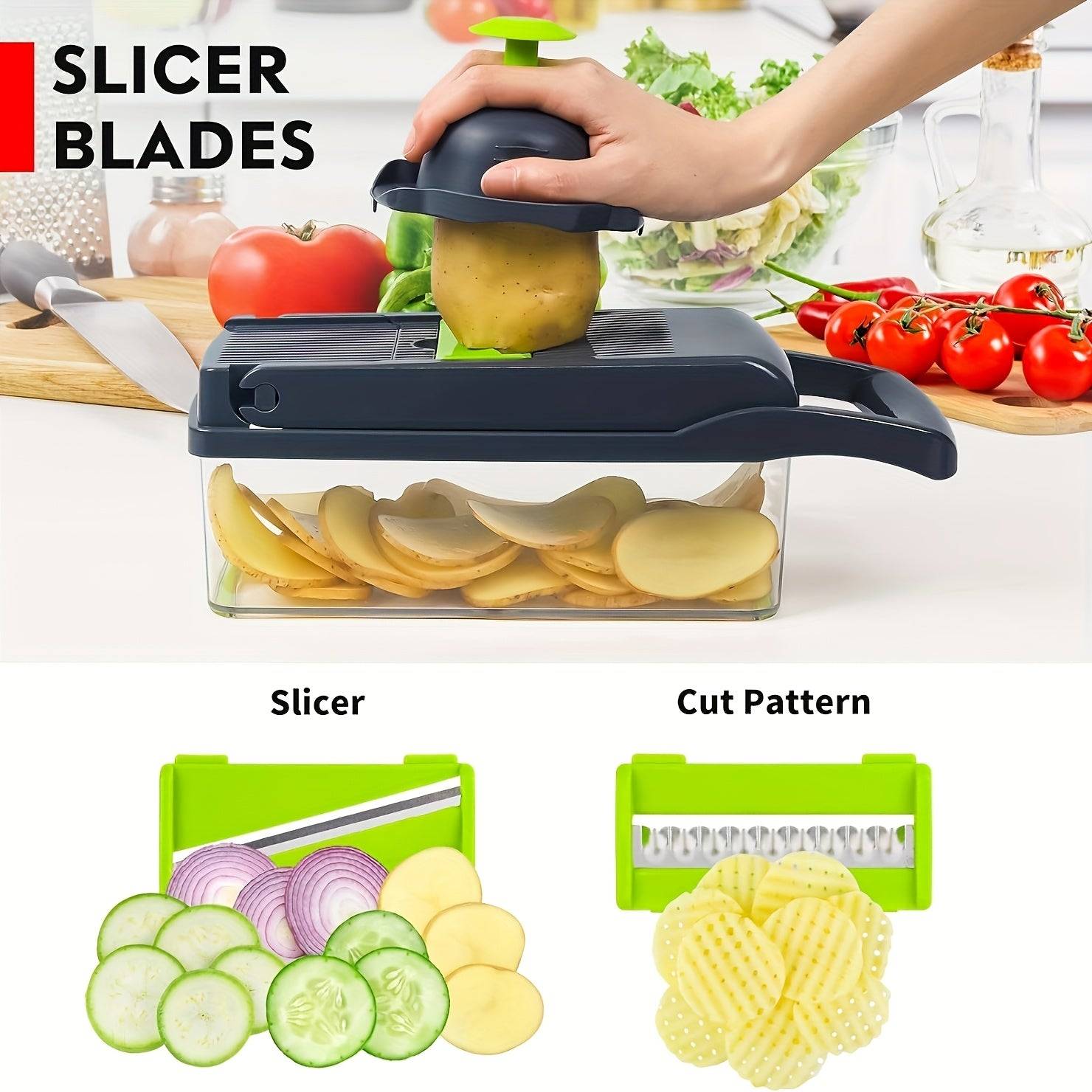 Professional 16-in-1 Vegetable Chopper – Multifunctional Slicer & Dicer with 8 Blades, Onion & Carrot Chopper with Container