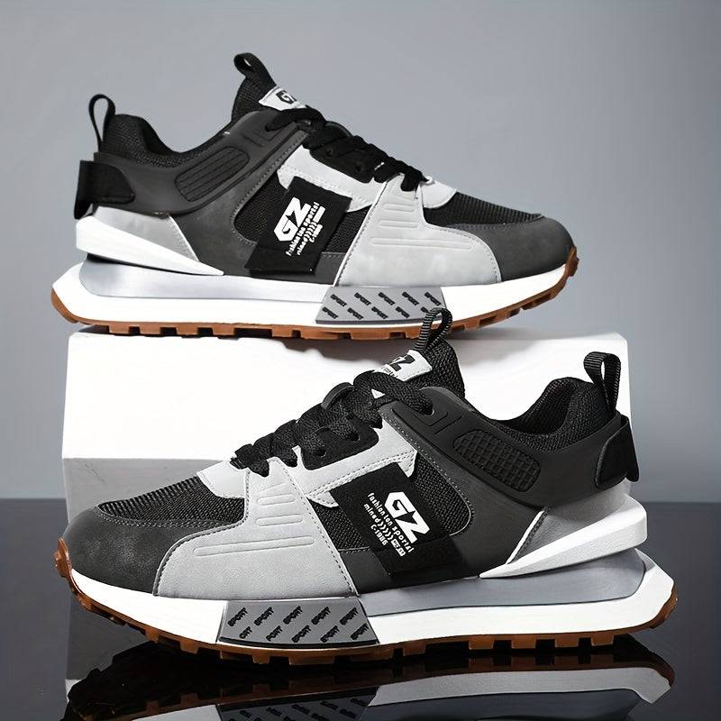 Men’s Casual Sneakers with Vintage Graphic Print, PU Upper & Non-Slip Rubber Sole, Low-Top Lace-Up Shoes for All-Season Wear