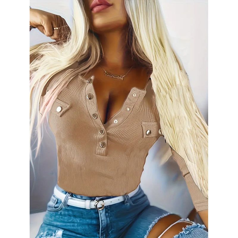 Ribbed Knit Blouse with Scoop Neck and Button Front