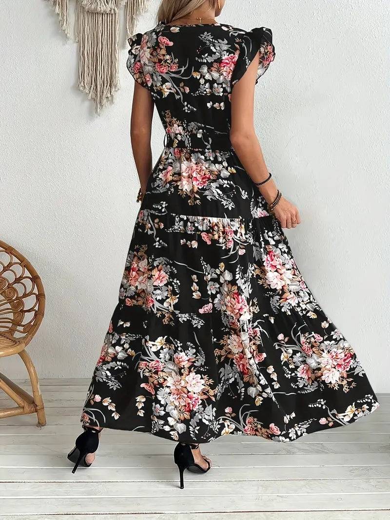 Womens Floral Midi Dress Elegant Casual Black Polyester