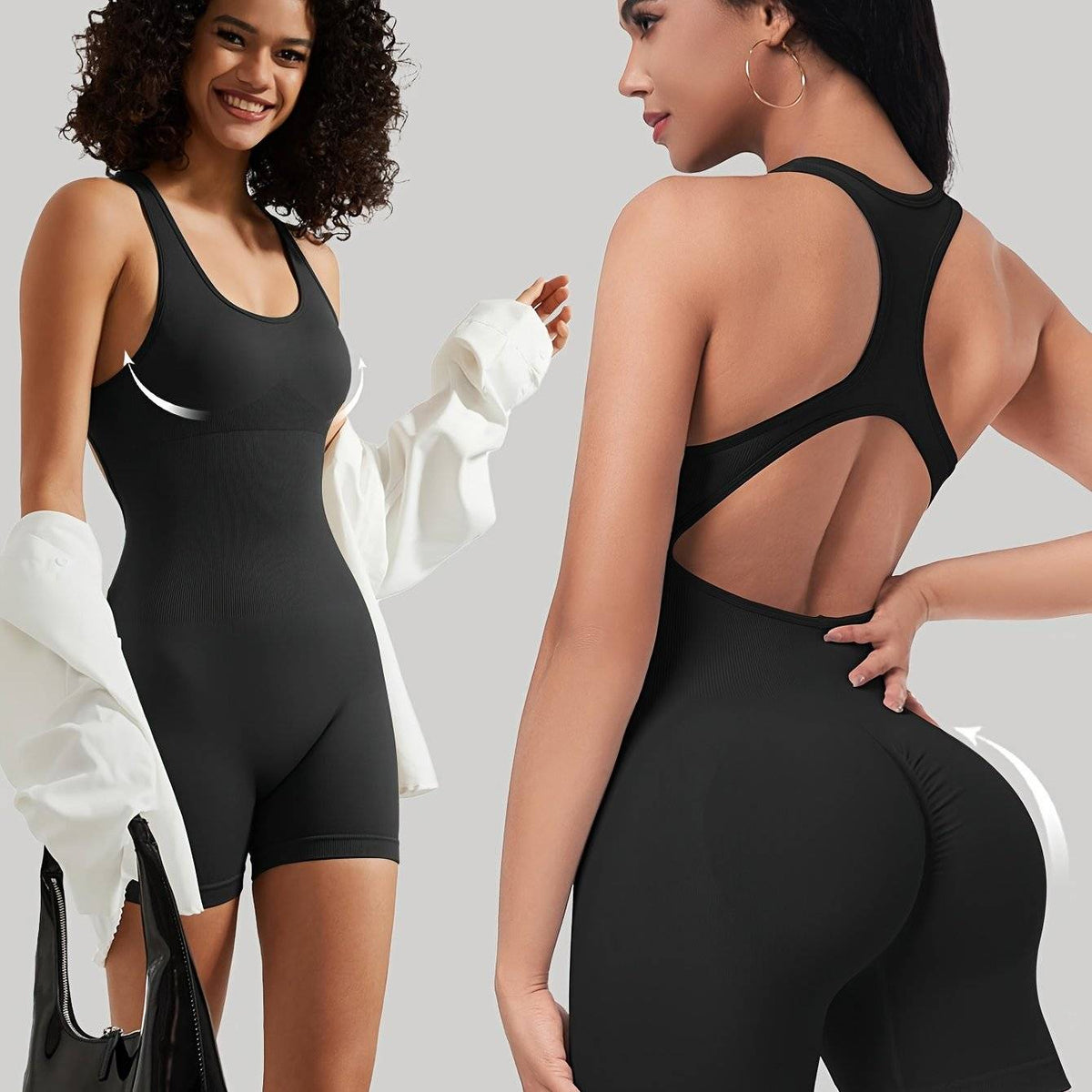 Women’s One-Piece Compression Romper – Sleeveless Backless Jumpsuit with Padded Bust & Ruched Back, Medium-Stretch Fabric for Beachwear & Casual Wear