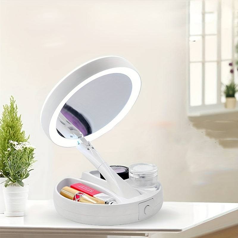 LED Makeup Mirror with Light, Double-Sided 1X/10X Magnification, Portable Travel Beauty Mirror with Storage Box, Battery Operated