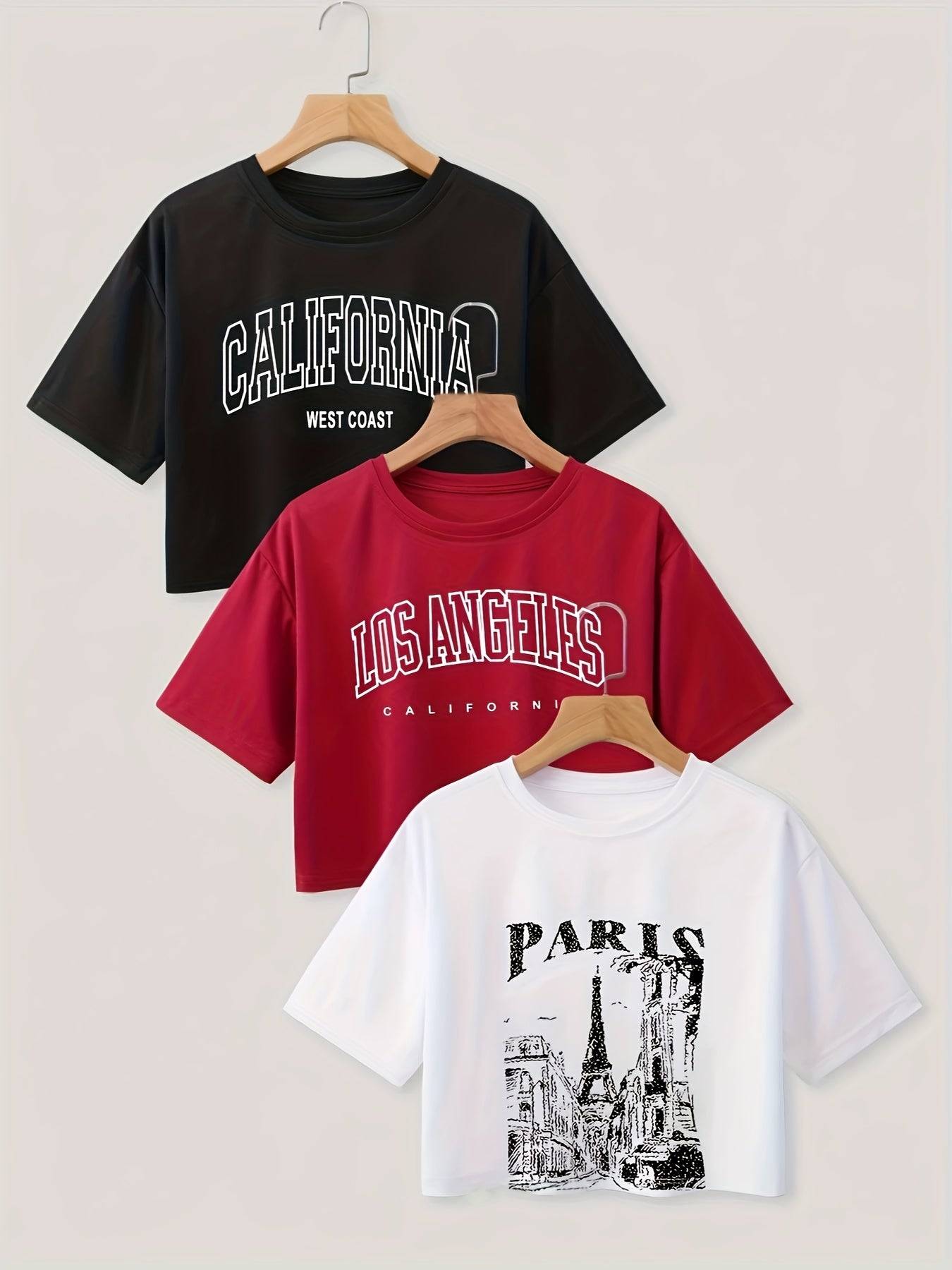 3-Pack Women’s Graphic Crop Tops California West Coast Print Tees with Round Neck & Short Sleeves