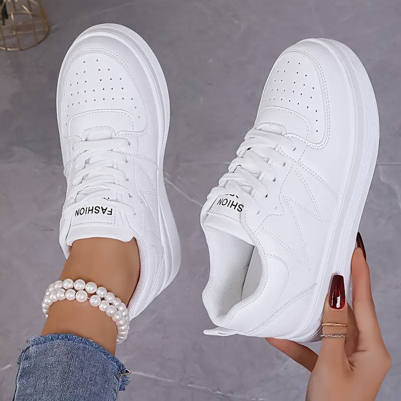 Women’s Platform Sneakers, Casual Lace-Up Low-Top Shoes with Breathable Mesh, PU Upper & EVA Insole, White/Beige