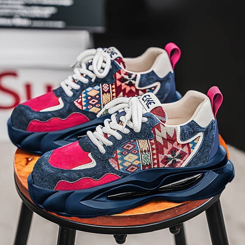 Colorful Women’s Plus Size Chunky Sneakers in navy, pink, and red with thick sole and ethnic design for stylish casual sportswear.
