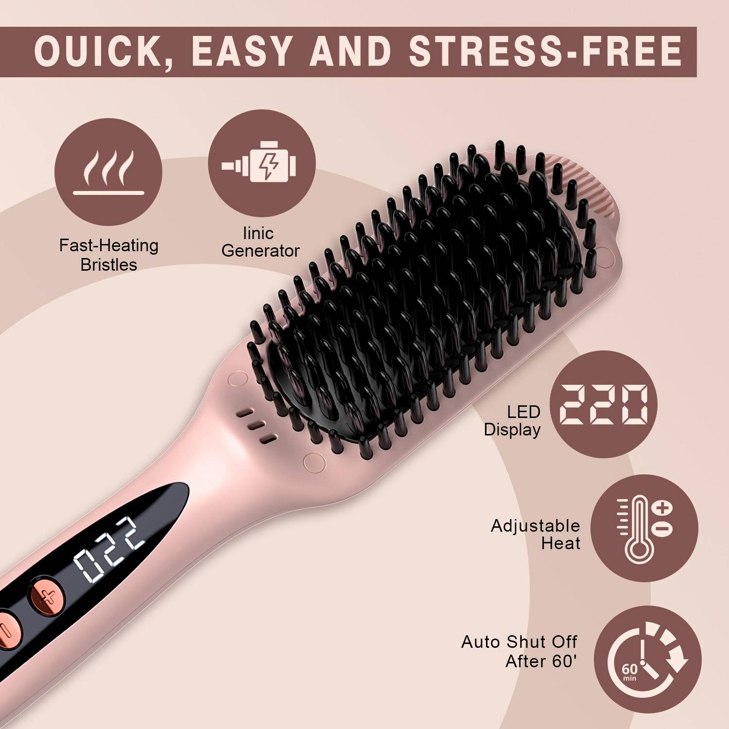 Hair Straightener Brush with Ionic Technology, Ceramic Heated Comb with 12 Temps & Dual Voltage, Flat Iron Brush for Thick Curly Hair, Rose Gold