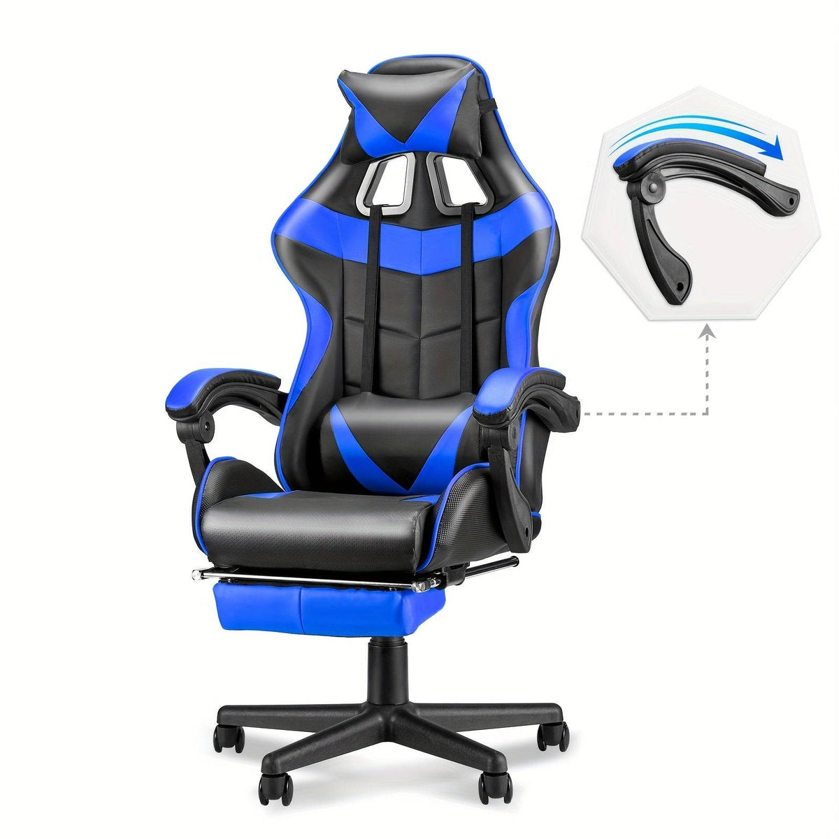 Blue ergonomic gaming chair with massage and reclining armrest, designed for ergonomic support and gaming performance.