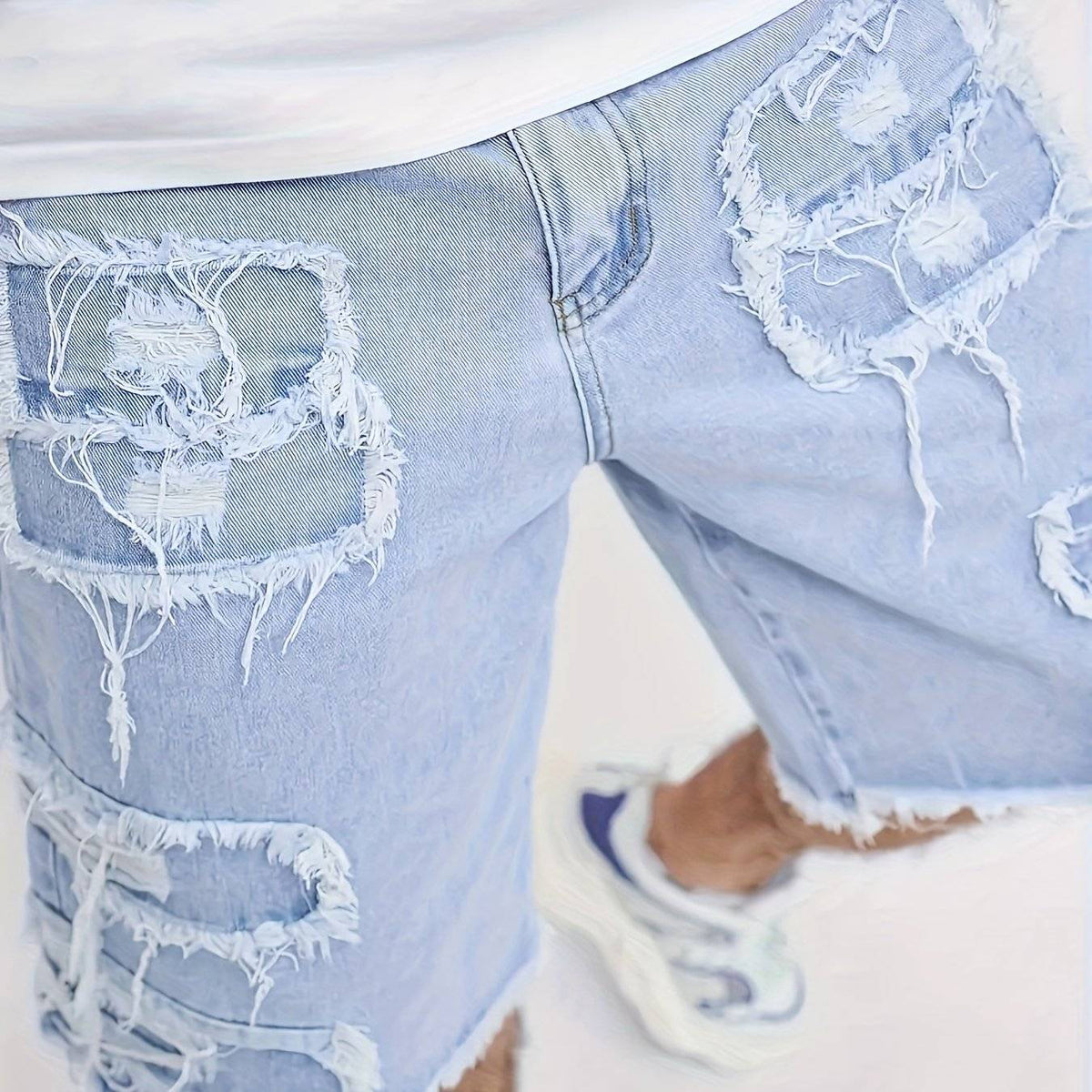 Men’s Summer Denim Shorts Distressed Ripped Design with Raw Hem Cotton Blend, Machine Washable
