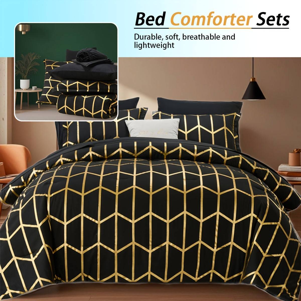 5/7-Piece Golden Foil Comforter Set, Soft Microfiber Queen Bedding with Pillowcases and Sheets, All-Season Easy-Care
