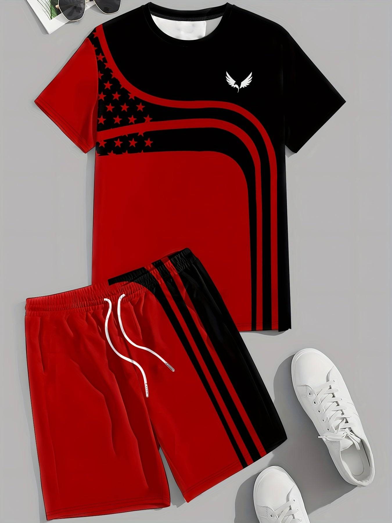Flat lay of Men’s Quick-Dry Summer Set with matching red-black top and shorts, designed for comfort and breathability in athletic activities.