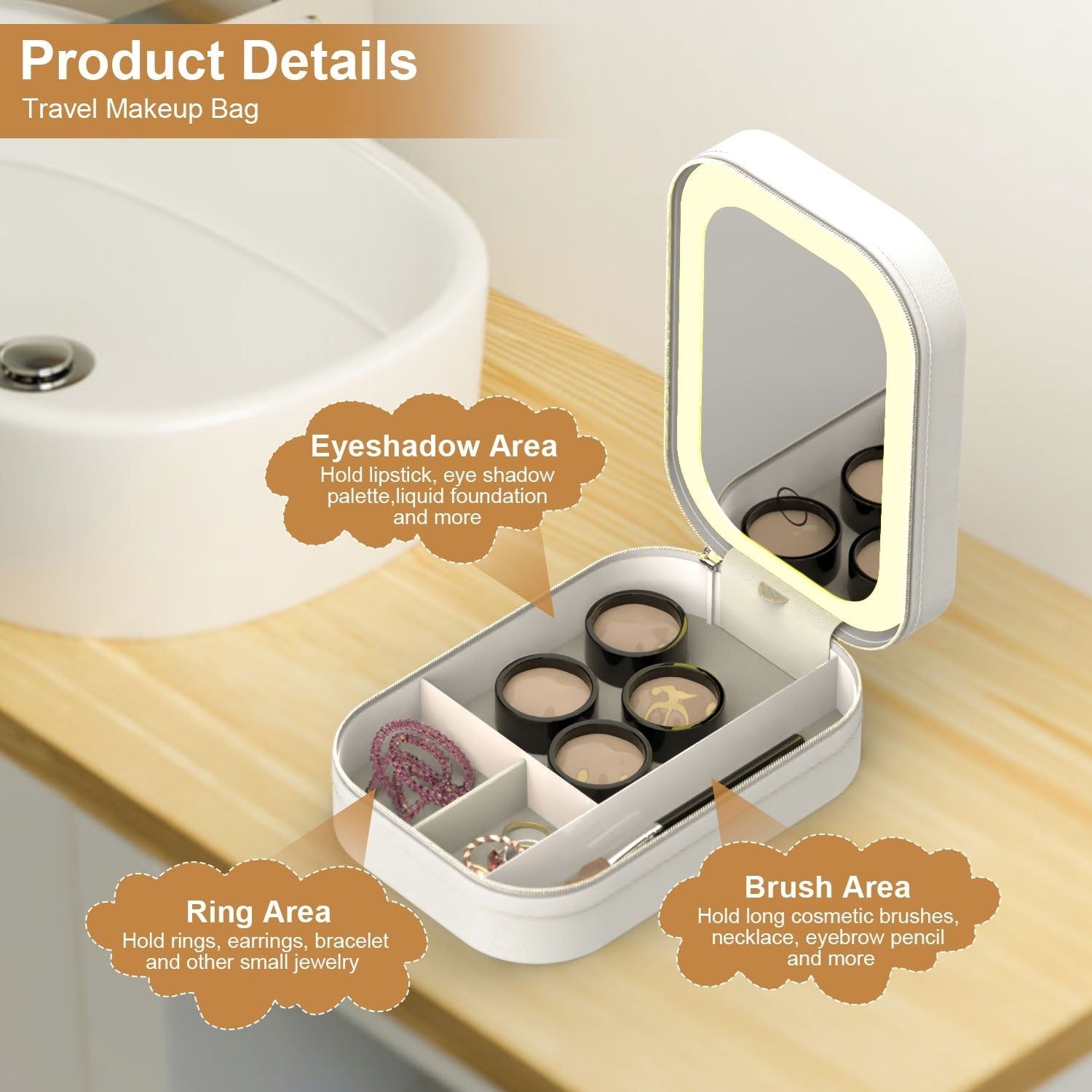 Portable Makeup Bag with LED Mirror Waterproof Organizer