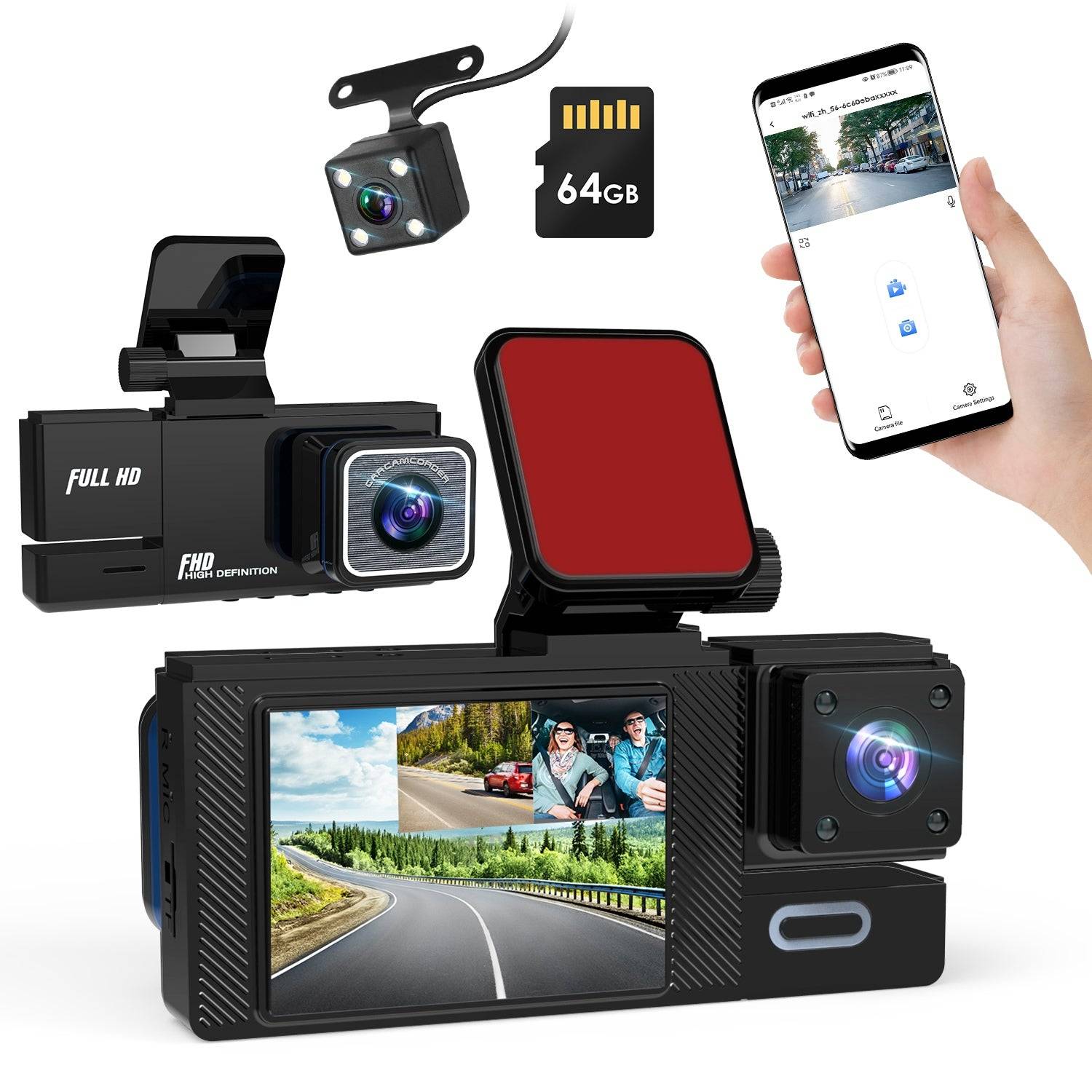 3 Channel Dash Cam 1080P WiFi with 64GB Card