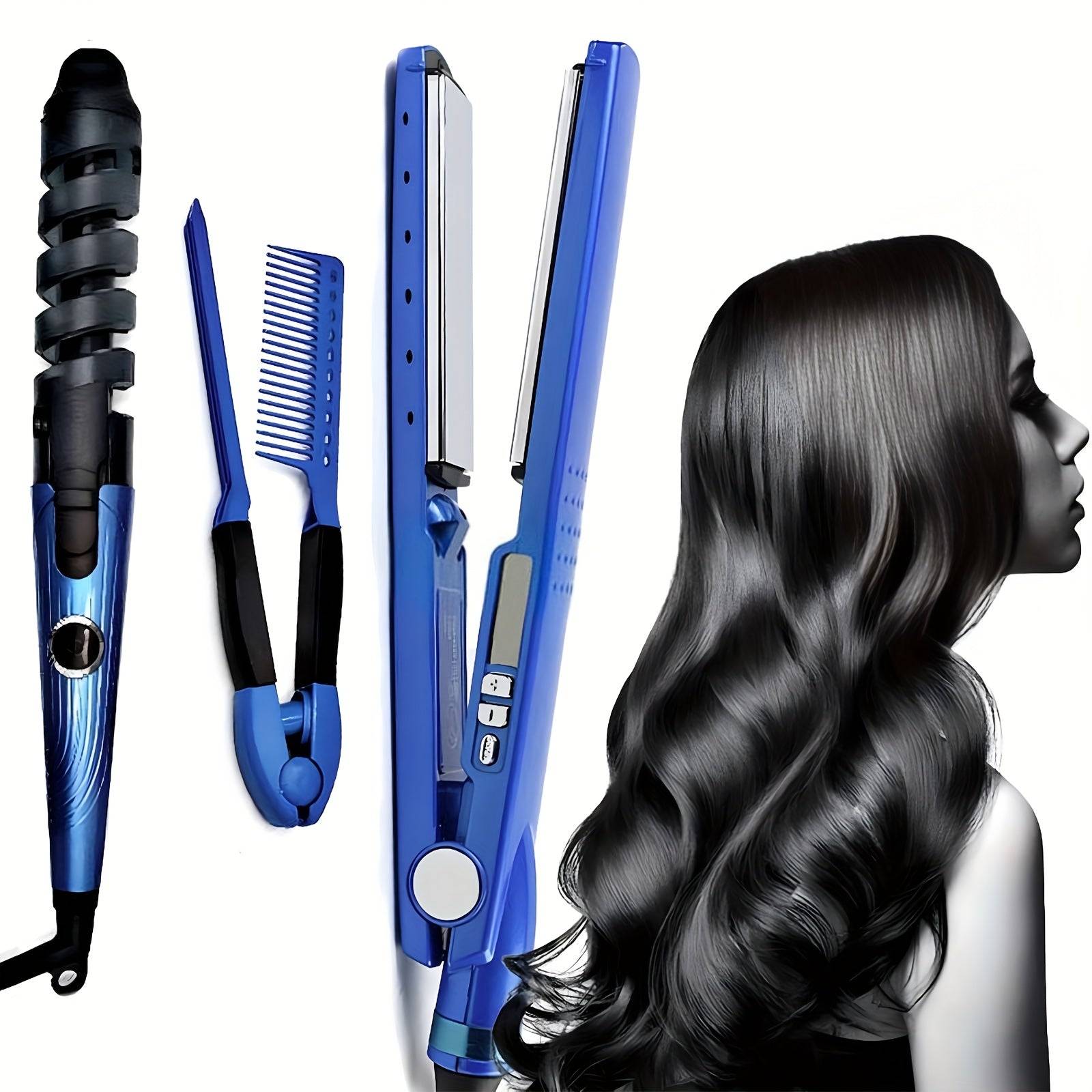 3pcs Hair Styling Kit for Women Flat Iron, Curling Wand & V-Brush 5 Temps Lightweight for All Hair Types
