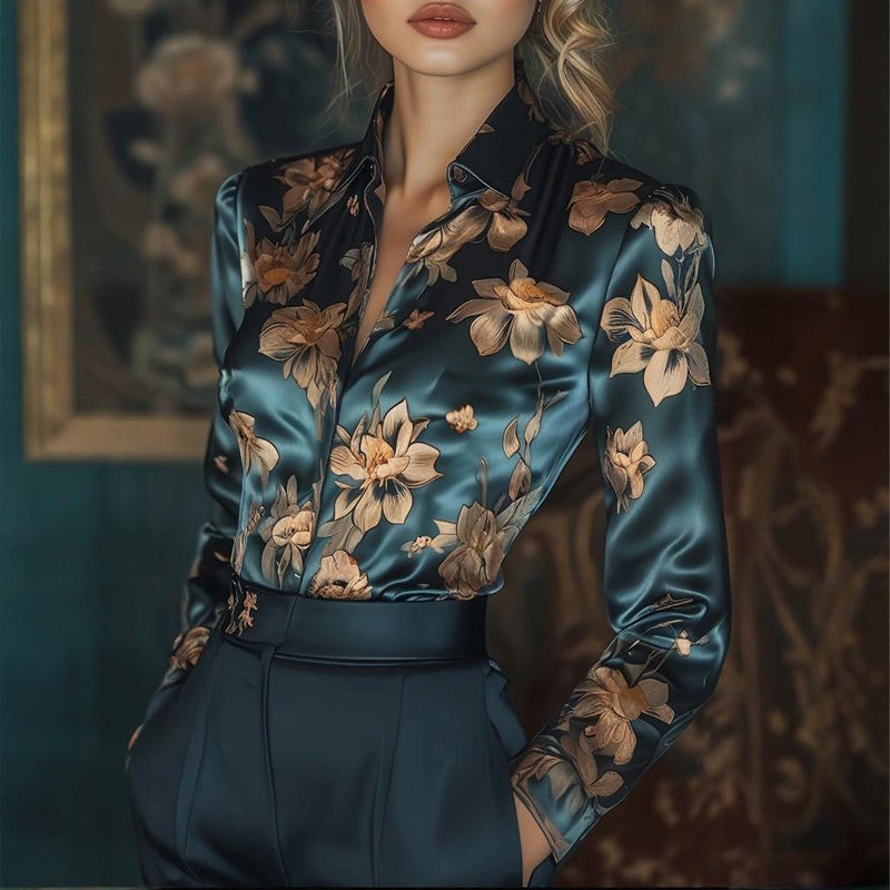 Elegant Satin Shirt with Lapel Collar and Tapered Waist