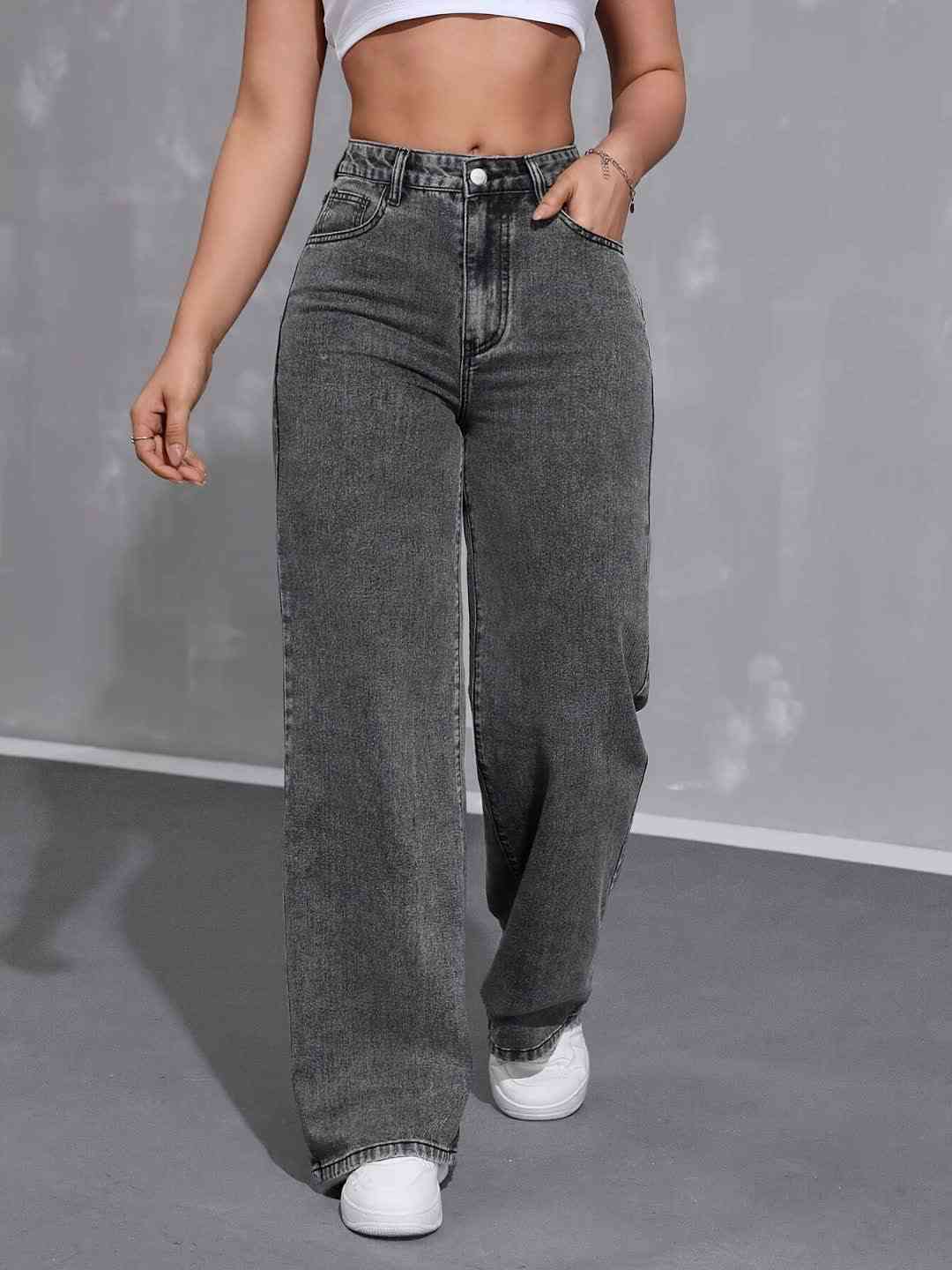 Plus Size Wide-Leg Jeans for Women High Waist Stretch Fit in Black or Grey Loose & Casual Style