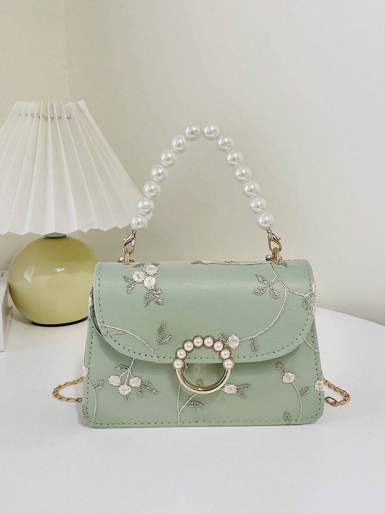 Women’s Small Square Bag with Pearl Handle Embroidered Design and Lace Chain Crossbody Strap