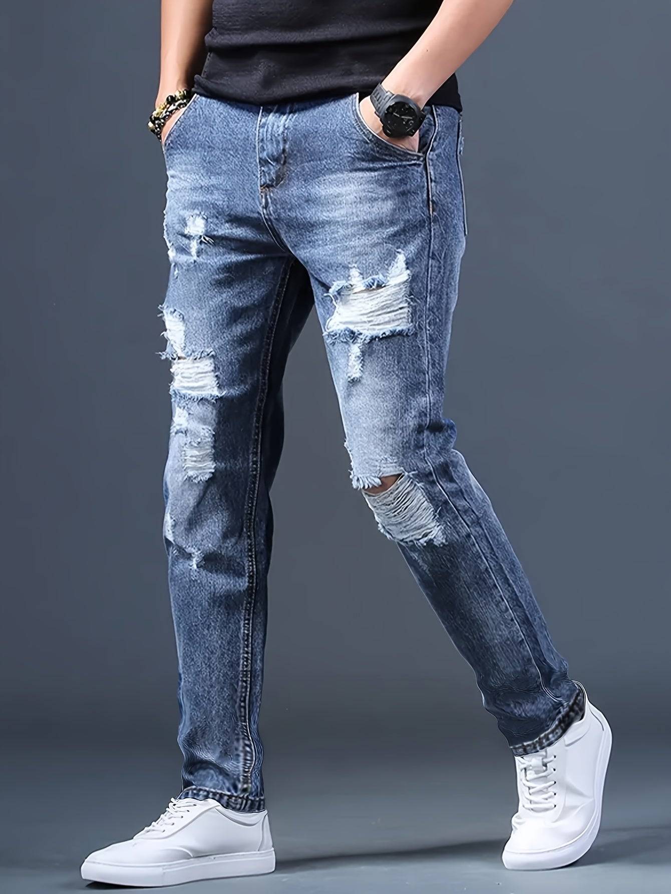 Men’s Straight Leg Ripped Jeans Non-Stretch Denim Frayed Hem Blue Street Style for All-Season Wear