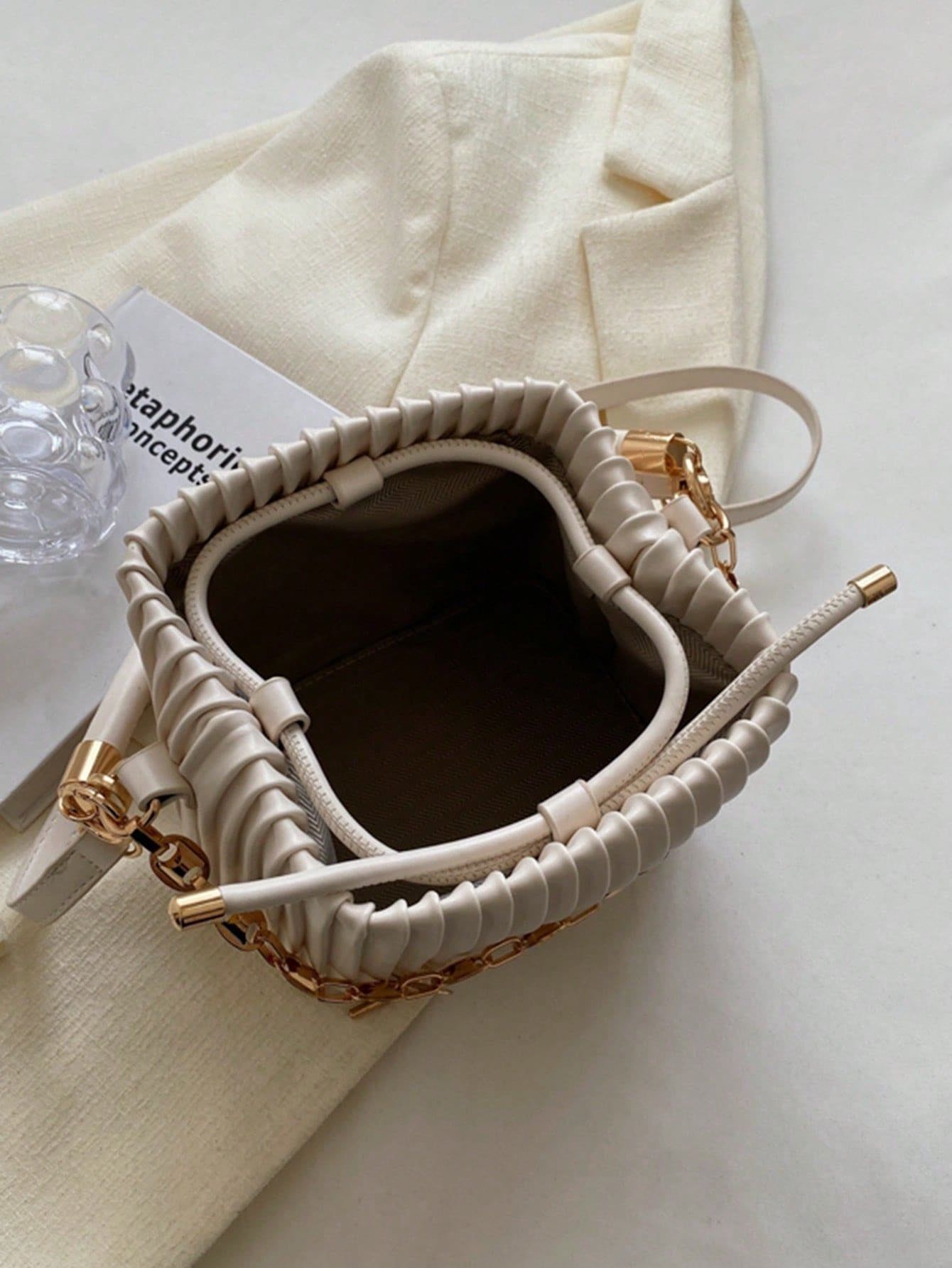 Women Tote Bag Pleated Chain Bucket Shoulder Handbag