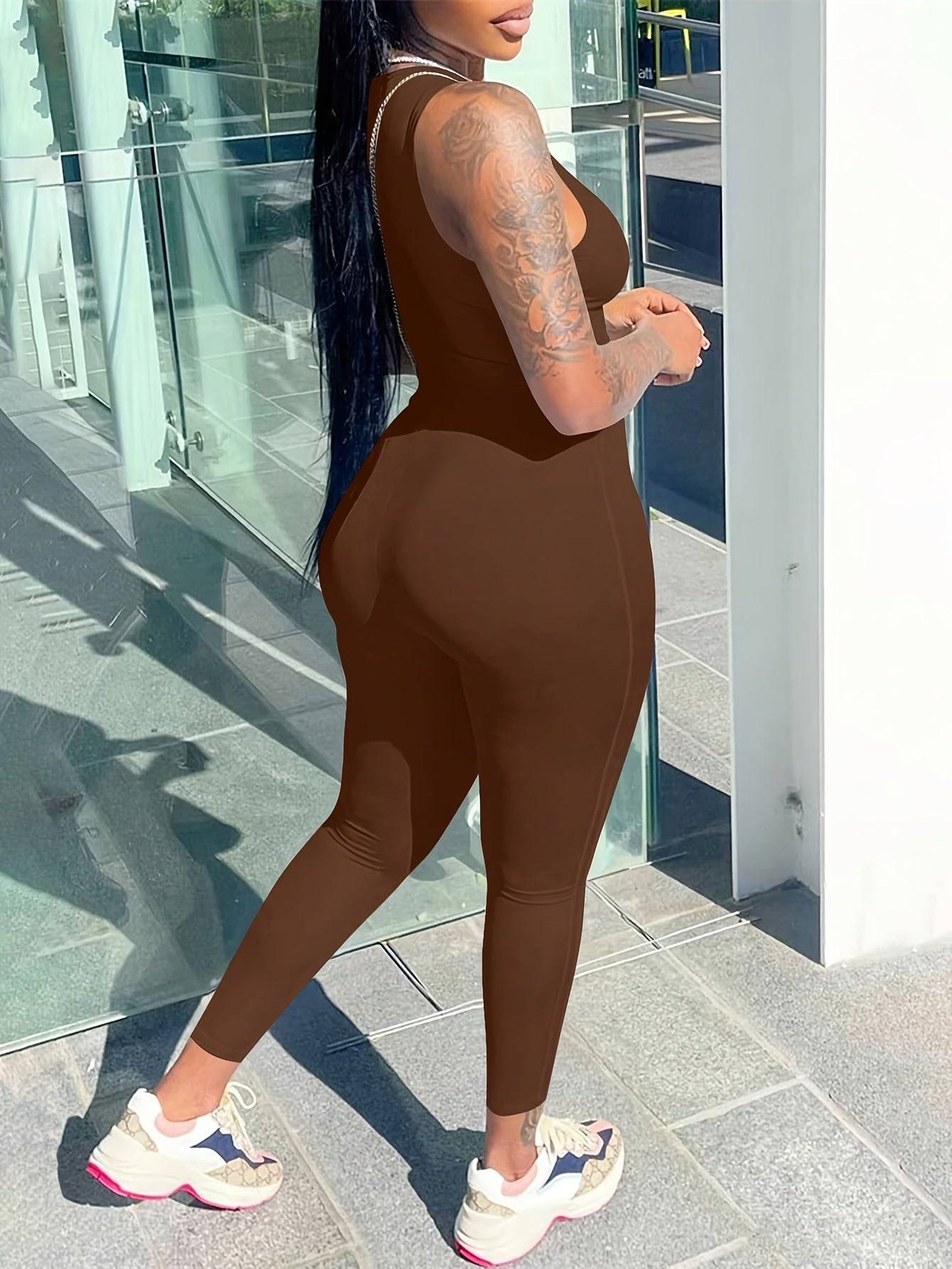 Women’s High-Waisted Sleeveless Jumpsuit – Stretchy Round Neck Solid Color Romper for All-Season Casual & Sporty Wear