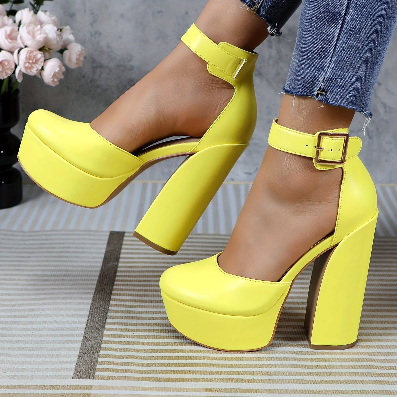 Women's Pink Platform Mary Jane Pumps, Chunky Block Heel with Adjustable Strap, Closed Toe PU High Heels for Parties and Weddings